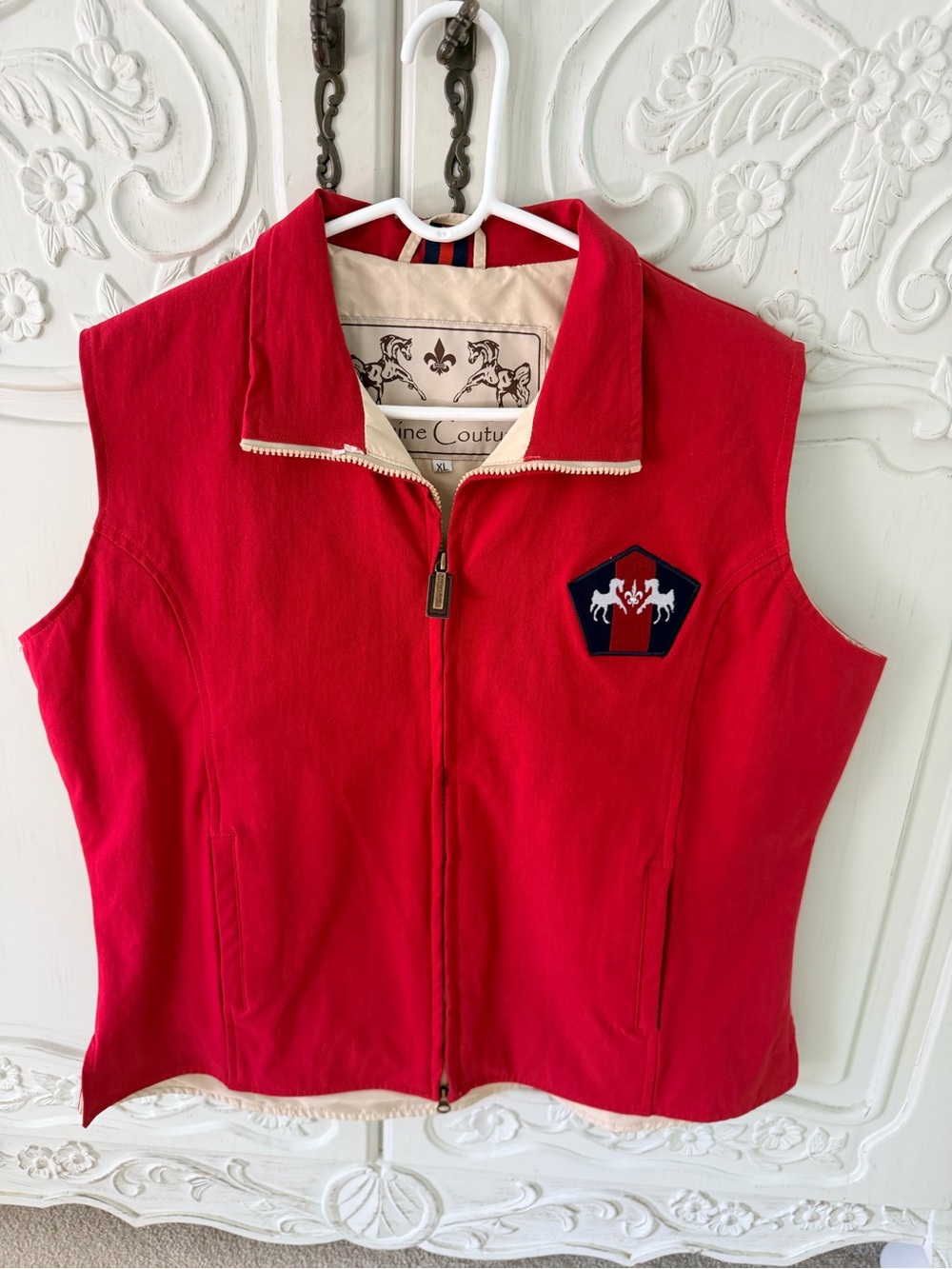 Equine Couture Red Sleeveless Zip-Front Riding Vest with Crest Patch